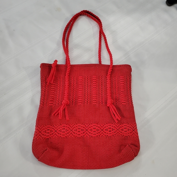 Vintage Red Boho Crochet Fabric Tote Handbag - Picture 10 of 11